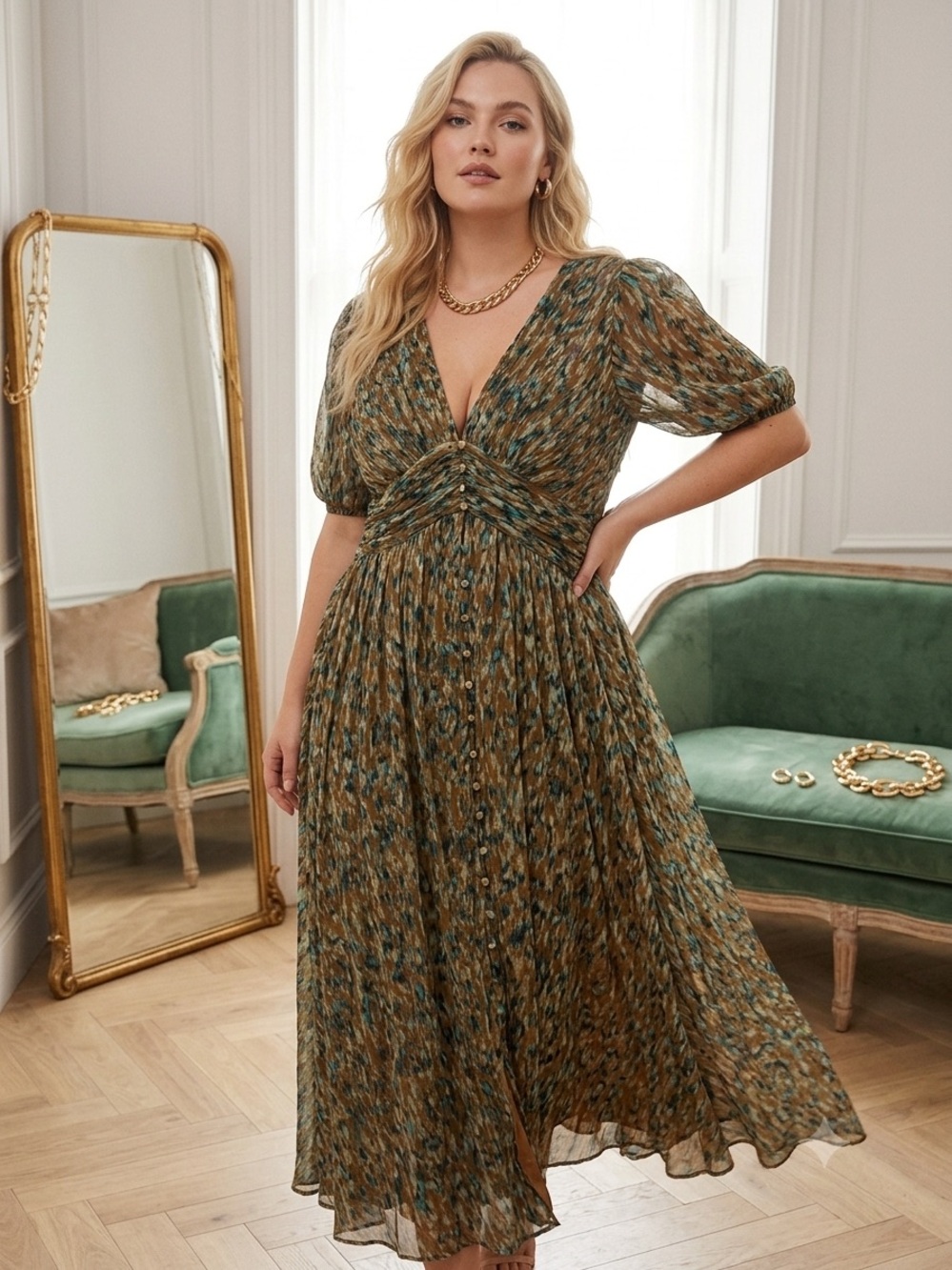 The Katerina Lurex Size 6 Anthropologie Patterned Midi Dress in Tan & Teal